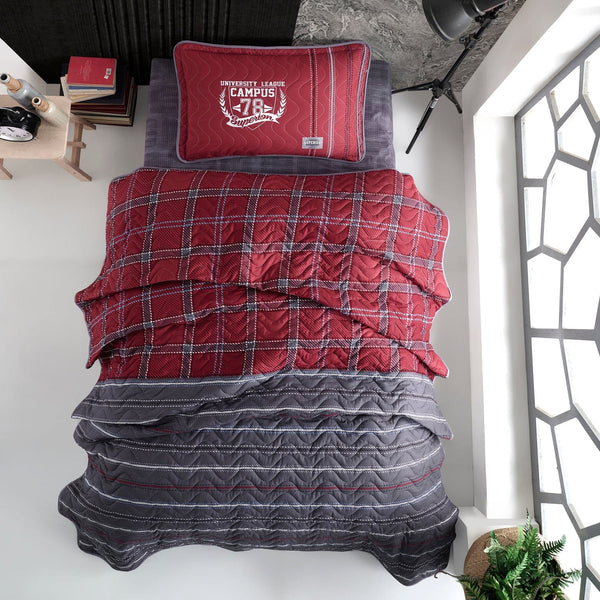 Set cuvertura pat matlasata CAMPUS V1, rosu/gri, bumbac, 180x240 cm, cu o fata de perna