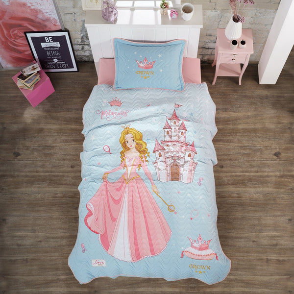 Set cuvertura pat matlasata CROWN, albastru deschis/roz, bumbac, 180x240 cm, cu fata de perna