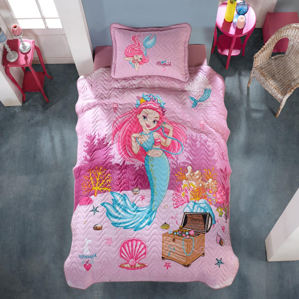 Set cuvertura pat matlasata DELFIN, roz, bumbac, 180x240 cm, cu o fata de perna