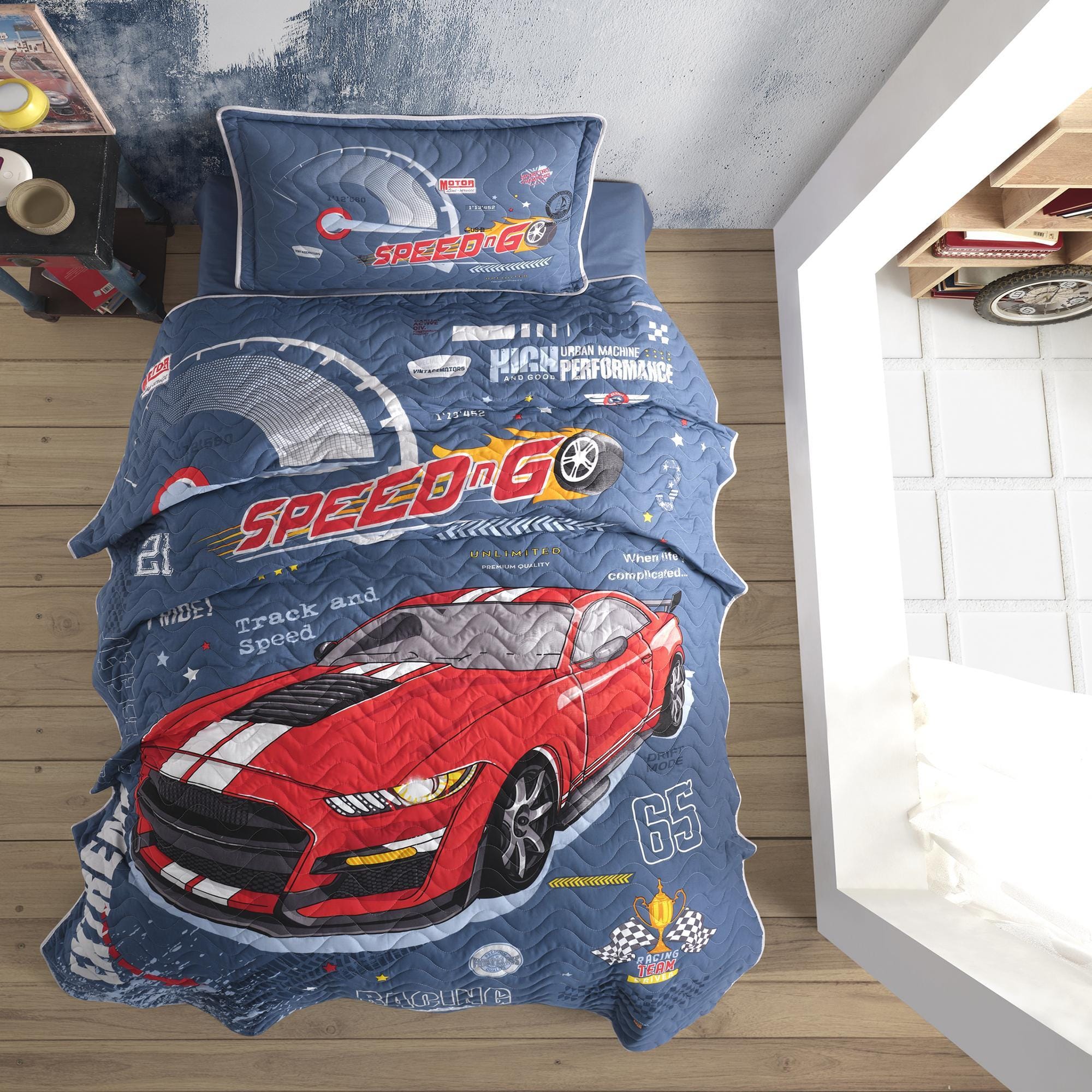 Set cuvertura pat matlasata EXTREME, albastru, bumbac, 180x240 cm, cu o fata de perna