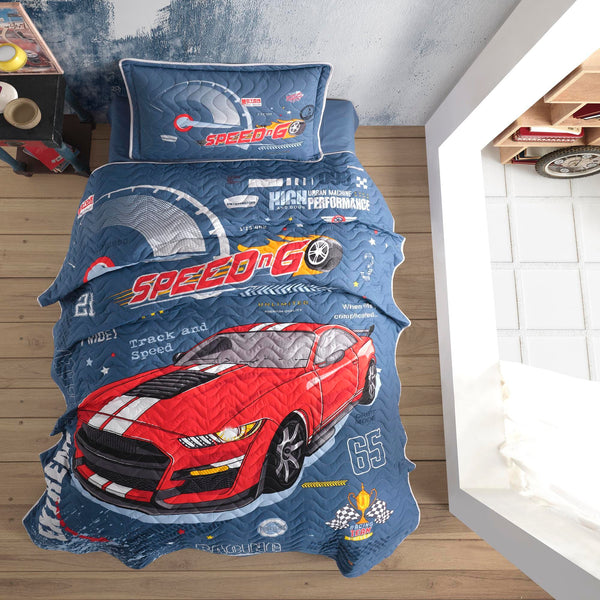 Set cuvertura pat matlasata EXTREME, albastru, bumbac, 180x240 cm, cu o fata de perna