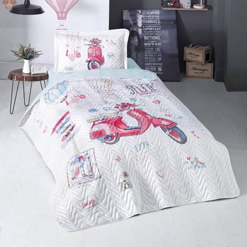 Set cuvertura pat matlasata FREE GIRL, alb, bumbac, 180x240 cm, cu o fata de perna