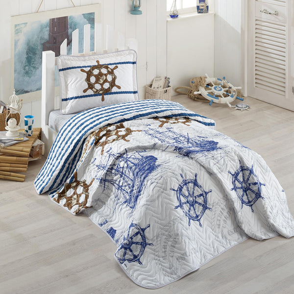Set cuvertura pat matlasata MARINE, alb/albastru, bumbac, 180x240 cm, cu o fata de perna
