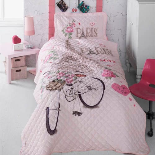 Set cuvertura pat matlasata PARIS LOVE, roz, bumbac, 180x240 cm, cu o fata de perna
