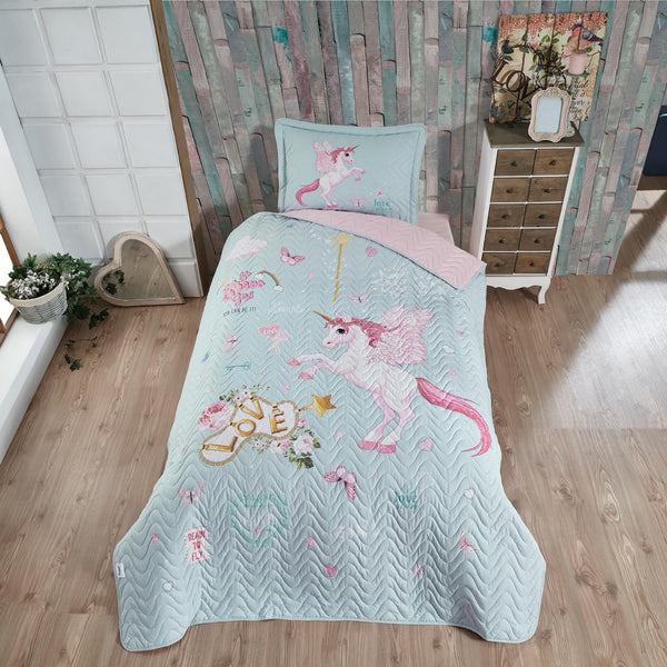 Set cuvertura pat matlasata PEGASUS, albastru deschis/roz, bumbac, 180x240 cm, cu o fata de perna
