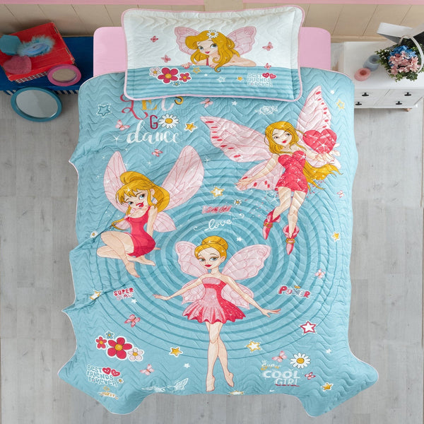 Set cuvertura pat matlasata POWER GIRL, albastru/roz, bumbac, 180x240 cm, cu o fata de perna