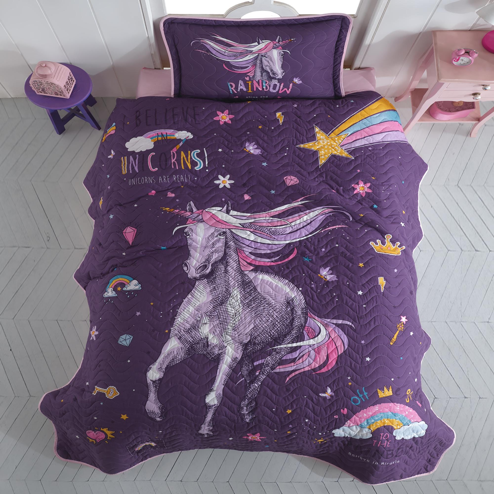 Set cuvertura pat matlasata RAINBOW, mov, bumbac, 180x240 cm, cu o fata de perna