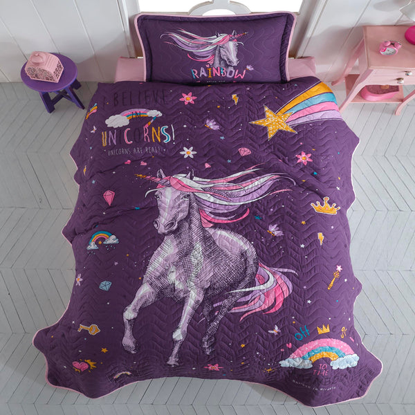 Set cuvertura pat matlasata RAINBOW, mov, bumbac, 180x240 cm, cu o fata de perna