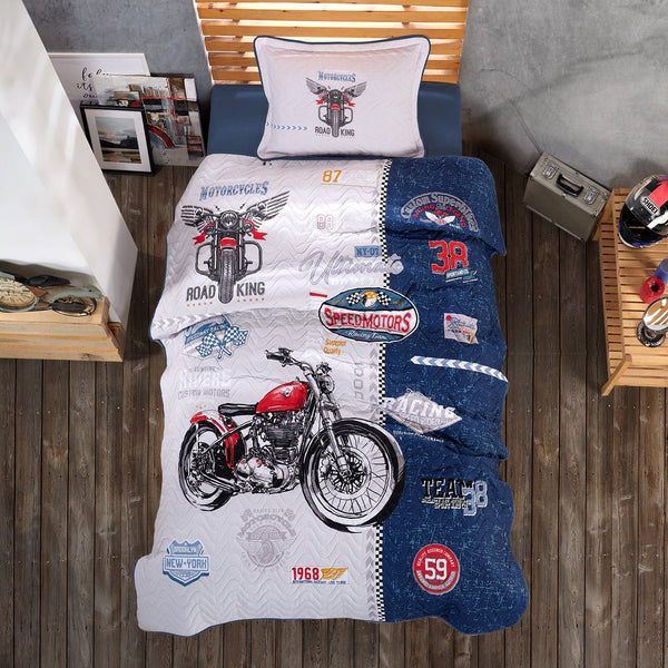 Set cuvertura pat matlasata ROAD KING, albastru/alb, bumbac, 180x240 cm, cu o fata de perna