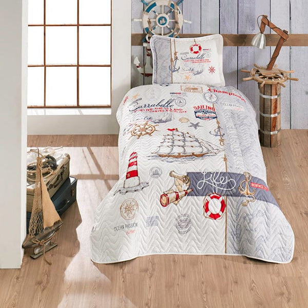 Set cuvertura pat matlasata SAILIFE, gri/alb, bumbac, 180x240 cm, cu o fata de perna