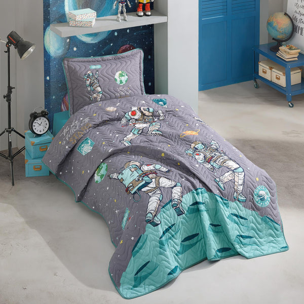 Set cuvertura pat matlasata SPACE, verde/gri, bumbac, 180x240 cm, cu o fata de perna