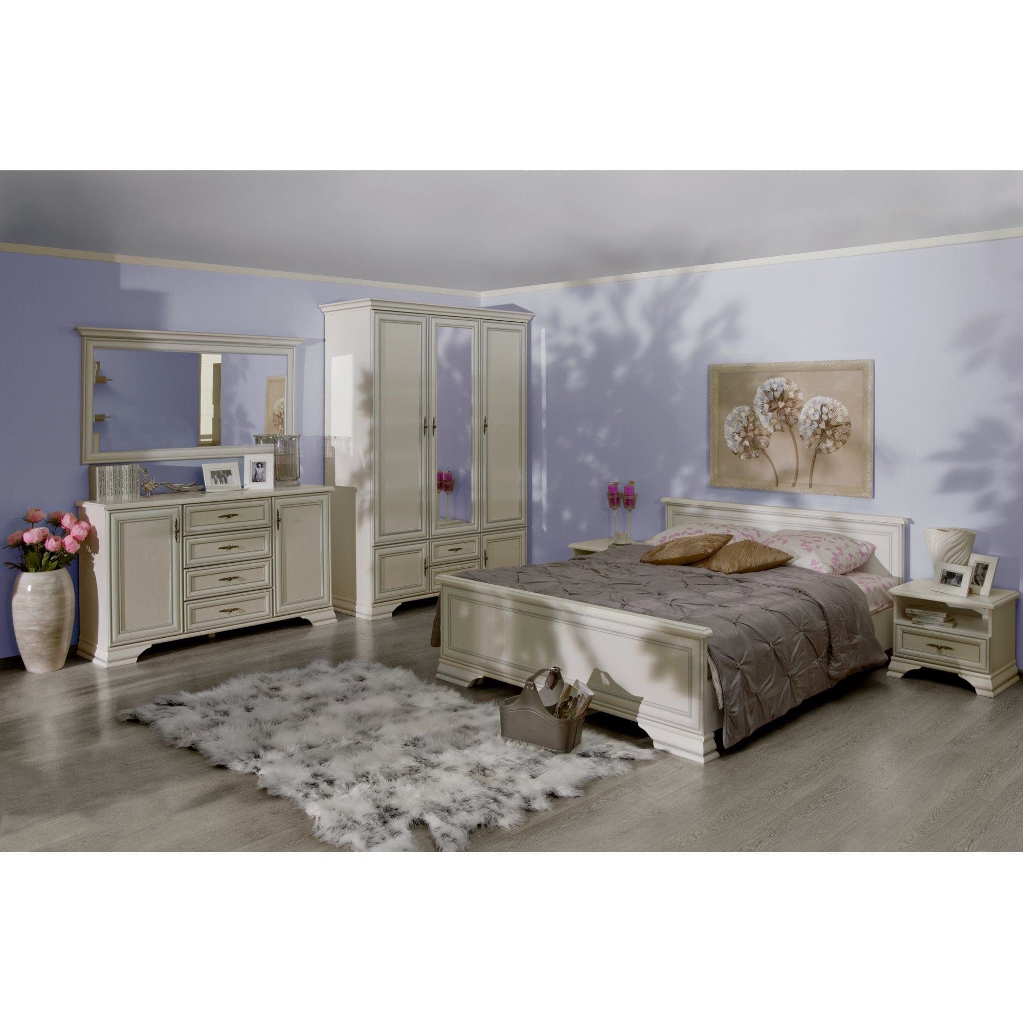 Set dormitor IDENTO, alb, cu pat 160x200, dulap cu 5 usi si 2 sertare, noptiere, comoda si oglinda