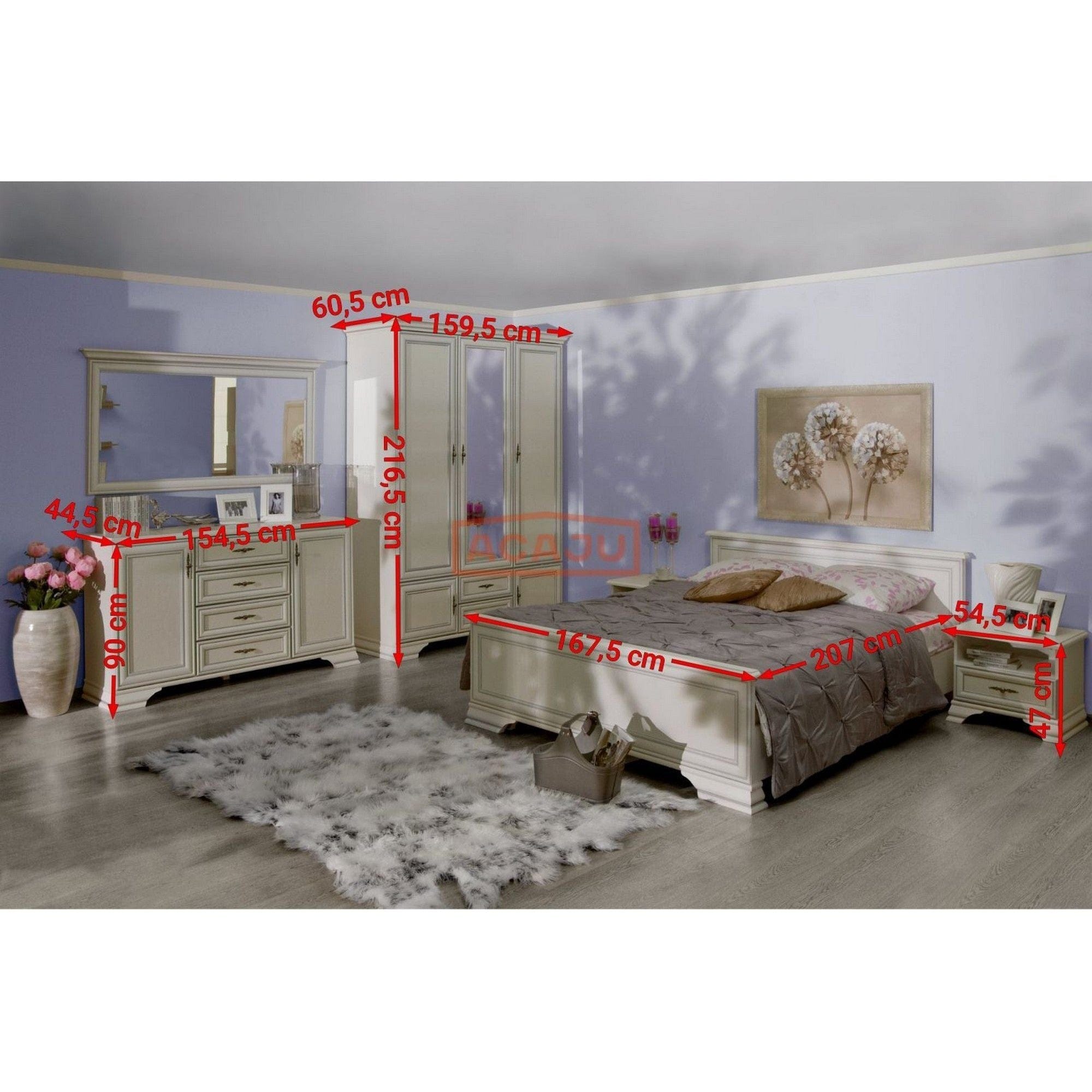 Set dormitor IDENTO, alb, cu pat 160x200, dulap cu 5 usi si 2 sertare, noptiere, comoda si oglinda