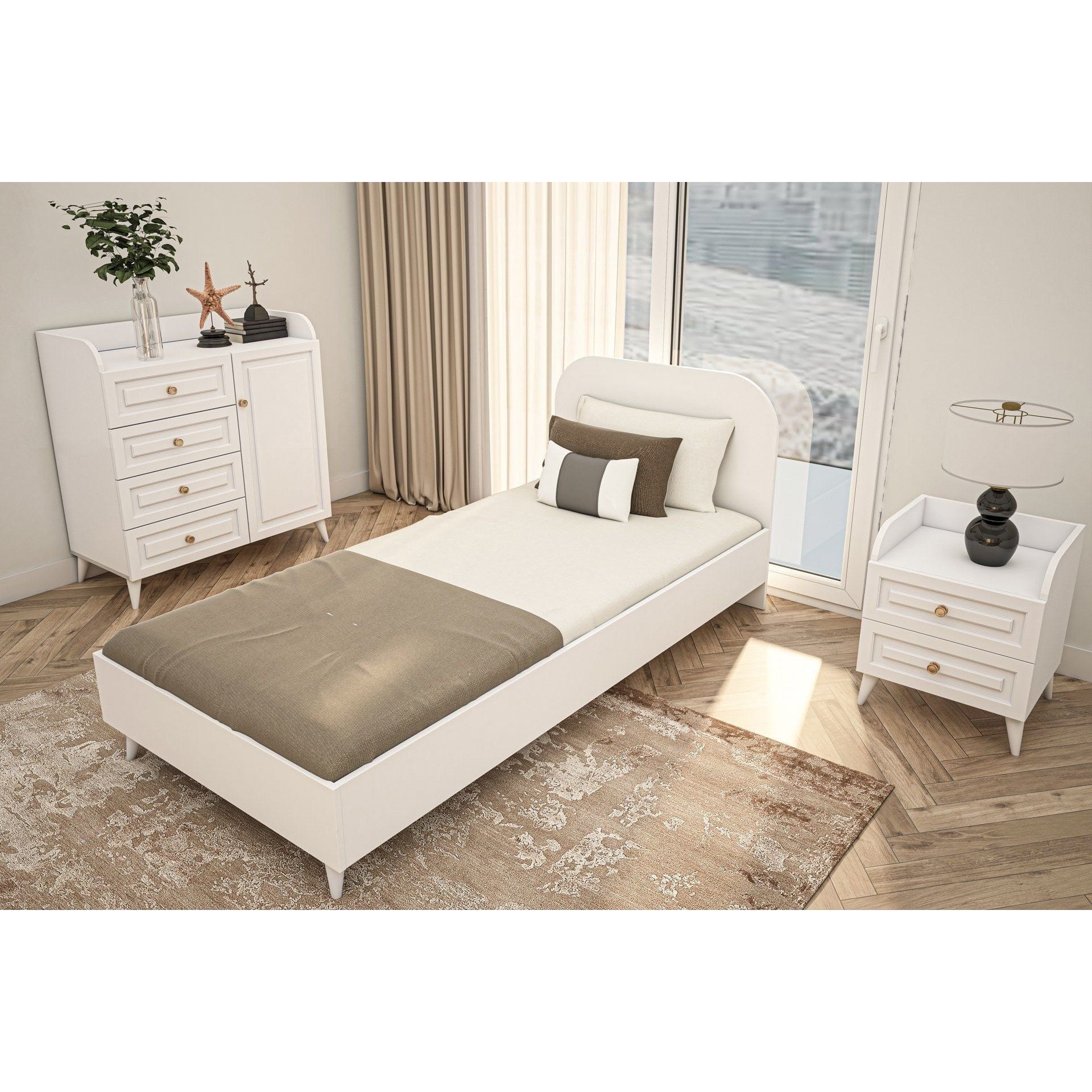 Set dormitor TANGO 610, alb, cu pat 90x190, dulap cu 4 usi si 2 sertare, noptiera, birou si comoda