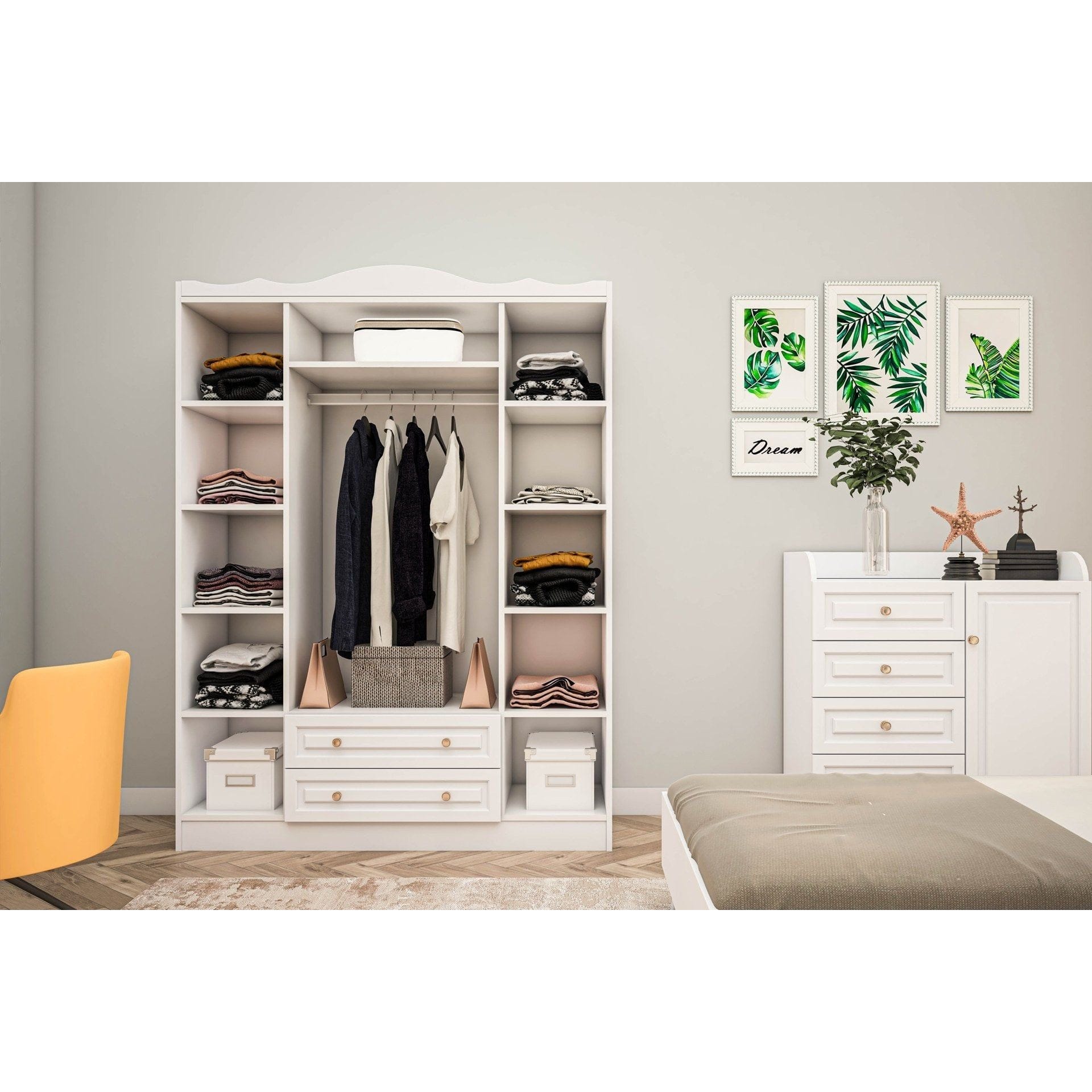Set dormitor TANGO 610, alb, cu pat 90x190, dulap cu 4 usi si 2 sertare, noptiera, birou si comoda