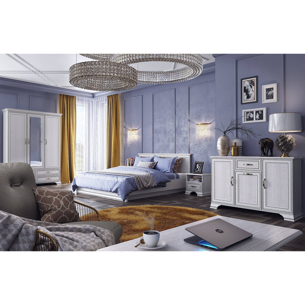 Set dormitor TIFFANY(Tiffy 1), alb vintage, PAL laminat, cu pat 160x200, dulap cu 3 usi si 4 sertare, noptiere, comoda si masuta cafea