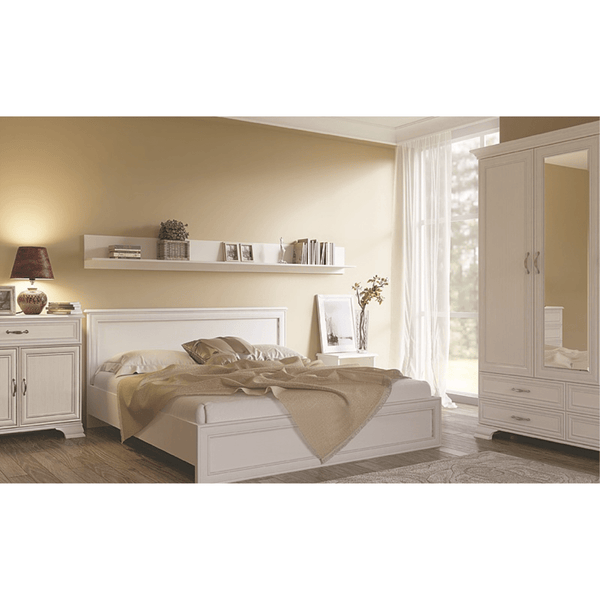 Set dormitor TIFFANY (Tiffy 2), alb vintage, PAL laminat, cu pat 160x200, dulap cu 3 usi si 4 sertare, 2 noptiere, comoda si polita