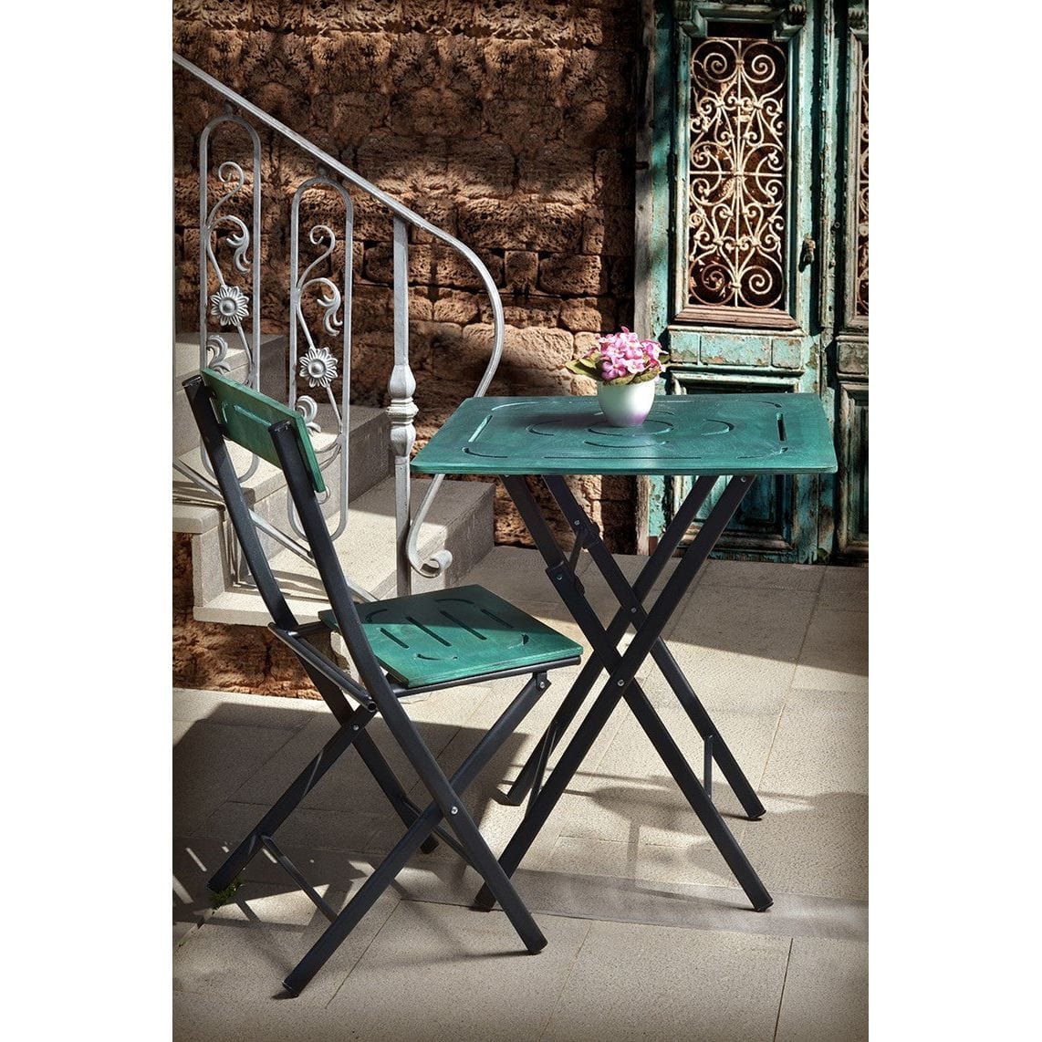 Set gradina BISTRO, verde/negru, cu masuta si 2 scaune