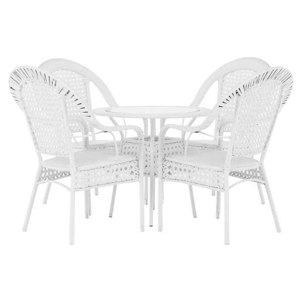 Set gradina KOVEN, alb, ratan sintetic/sticla temperata/otel, cu masuta si 4 scaune