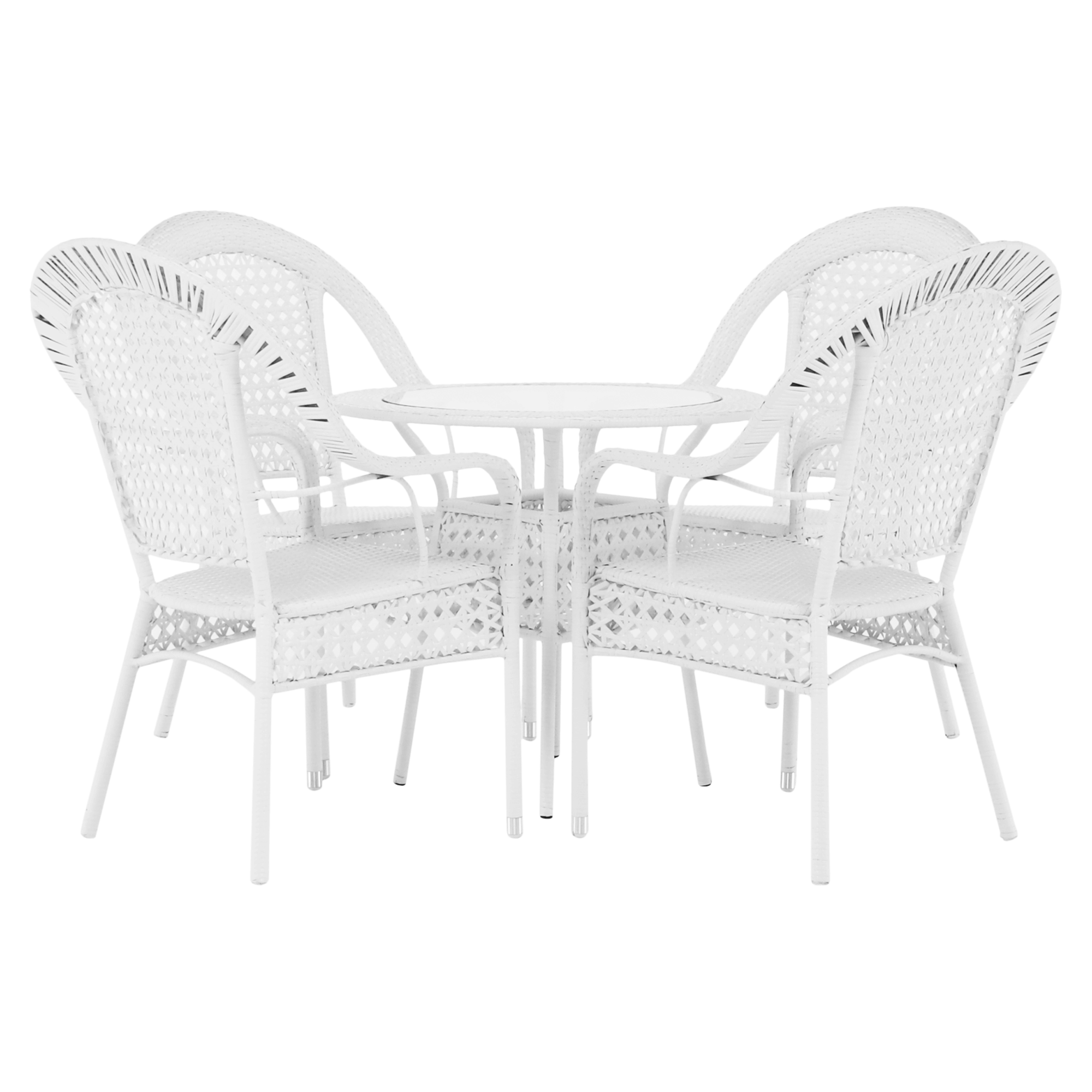 Set gradina KOVEN, alb, ratan sintetic/sticla temperata/otel, cu masuta si 4 scaune