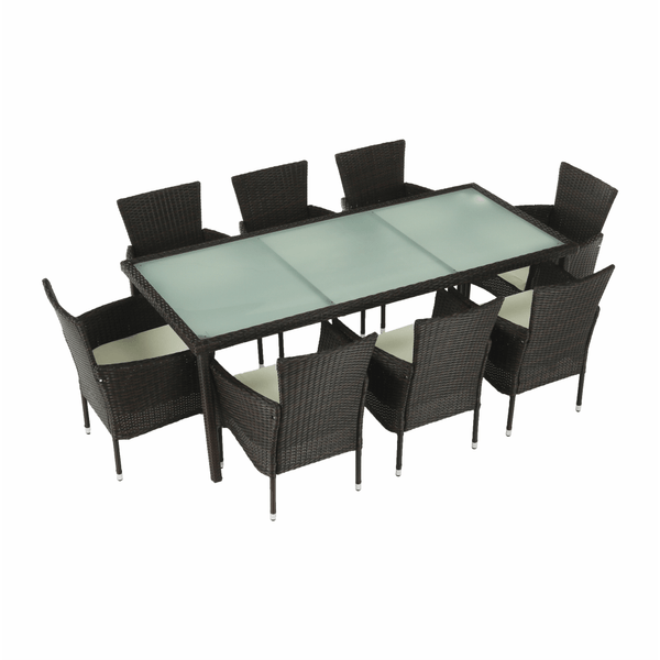 Set gradina MENIBOR, maro/bej, ratan artificial/sticla temperata/otel, cu masa si 8 scaune