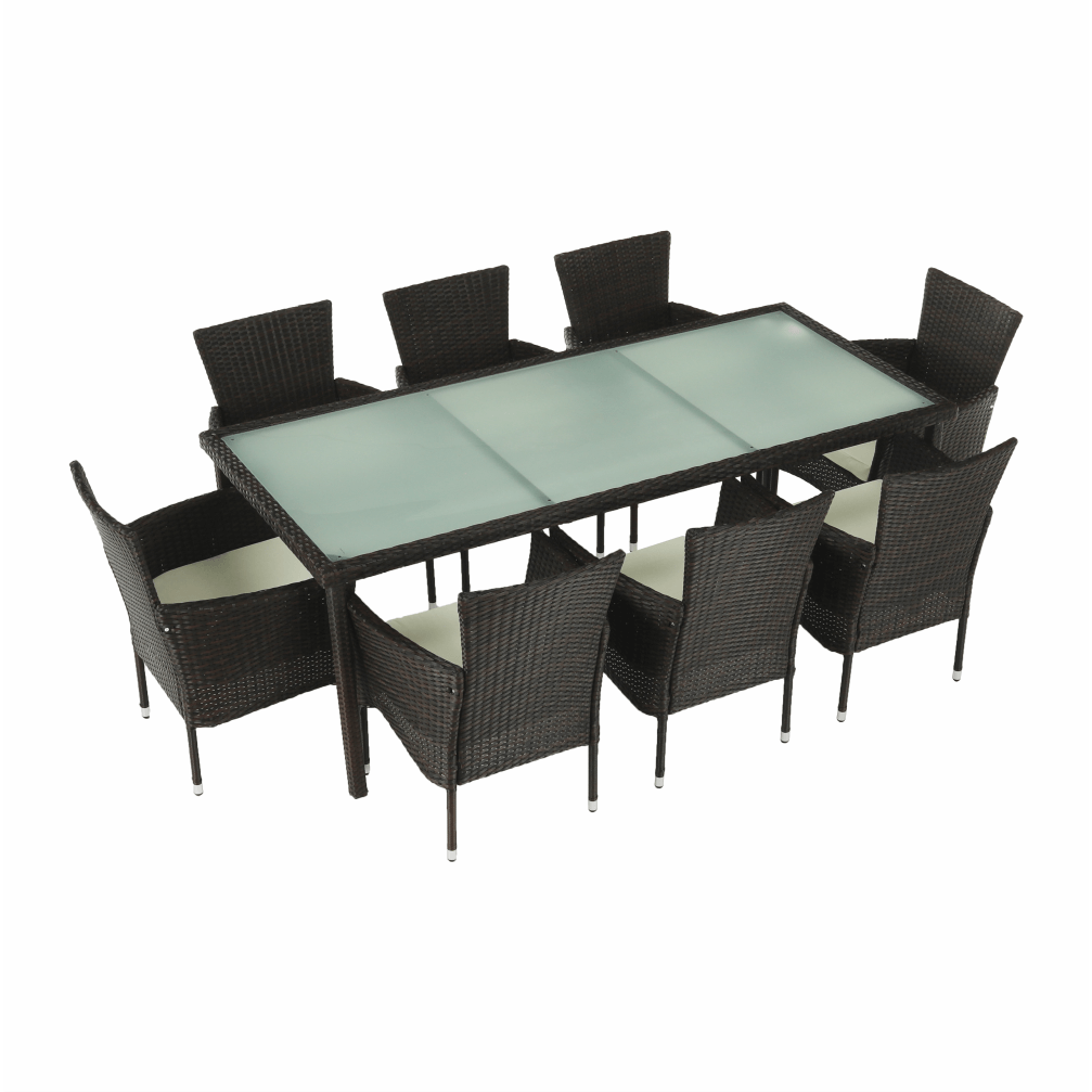 Set gradina MENIBOR, maro/bej, ratan artificial/sticla temperata/otel, cu masa si 8 scaune