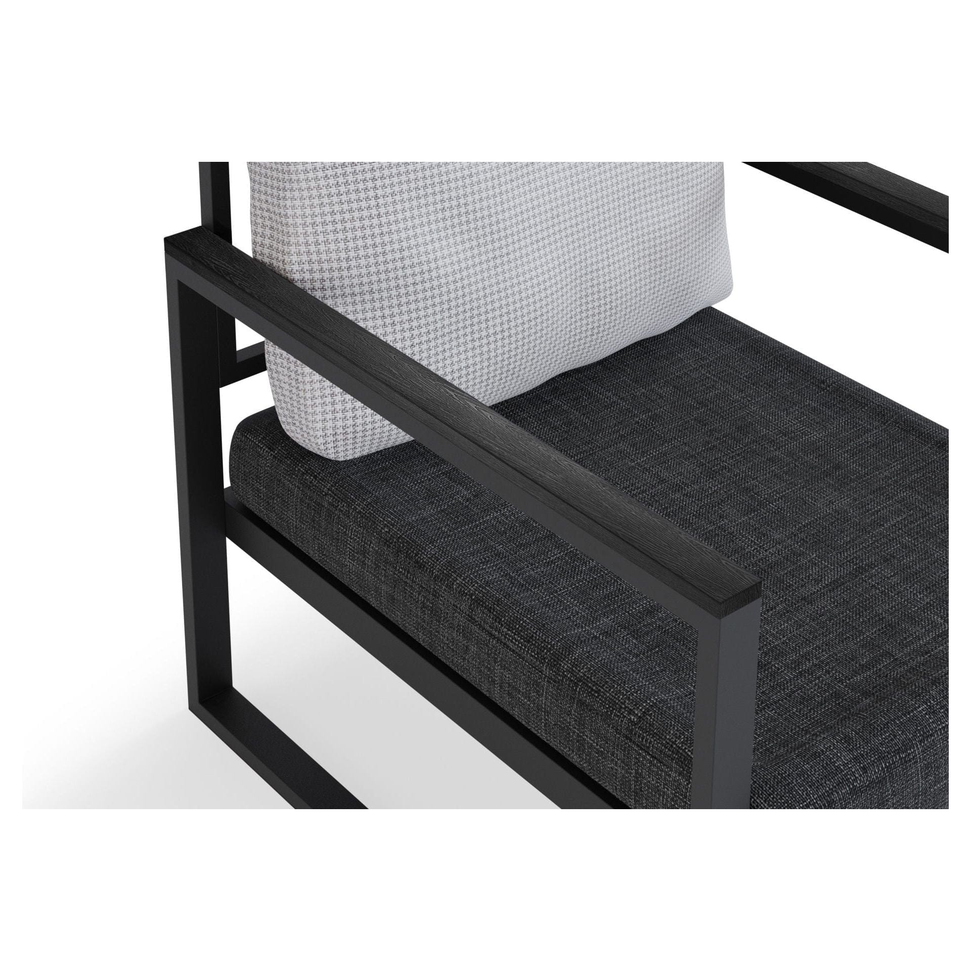 Set gradina MTLKNP001, negru/nuc/gri, lemn/stofa clasica/metal, cu masuta, 2 scaune si canapea