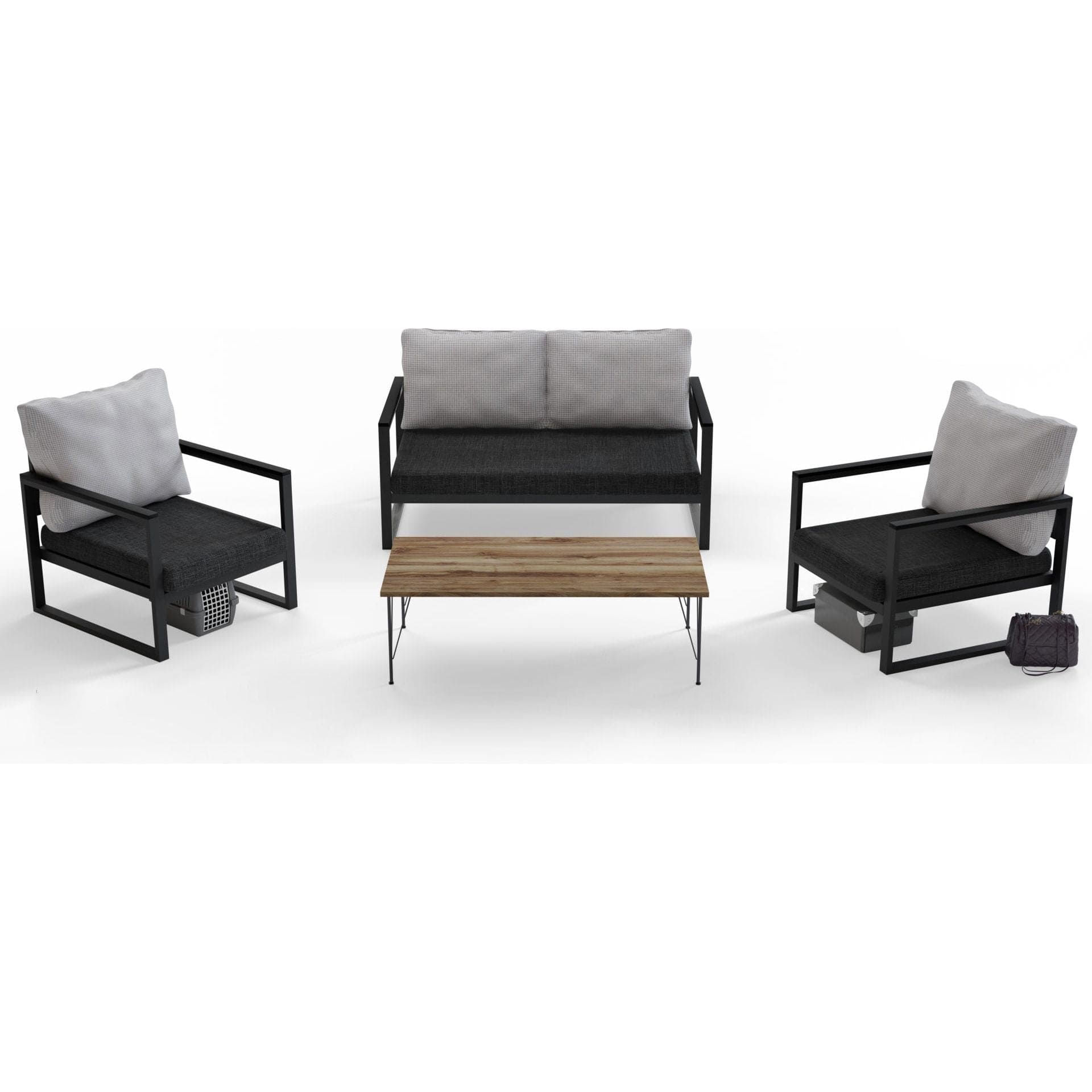 Set gradina MTLKNP001, negru/nuc/gri, lemn/stofa clasica/metal, cu masuta, 2 scaune si canapea