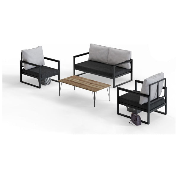 Set gradina MTLKNP001, negru/nuc/gri, lemn/stofa clasica/metal, cu masuta, 2 scaune si canapea