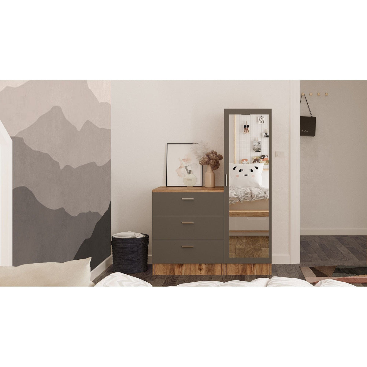 Set hol CC6-AA, stejar/gri antracit, PAL melaminat, format din dulap si comoda