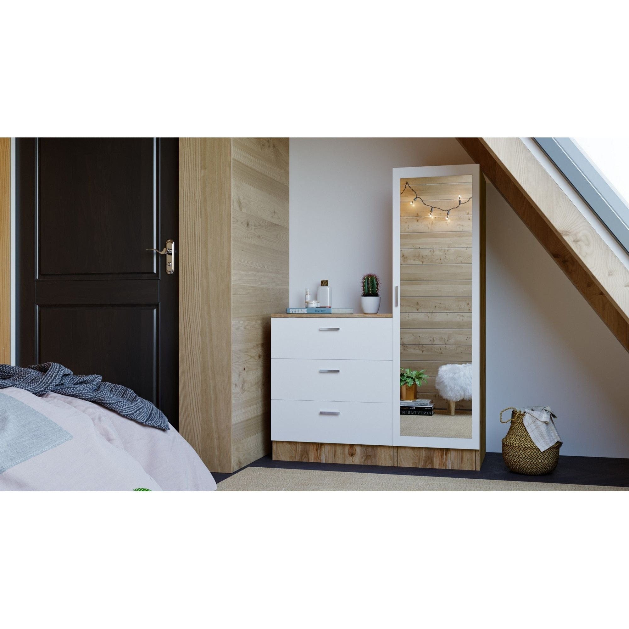 Set hol CC6-AW, alb/stejar, PAL melaminat, format din dulap si comoda