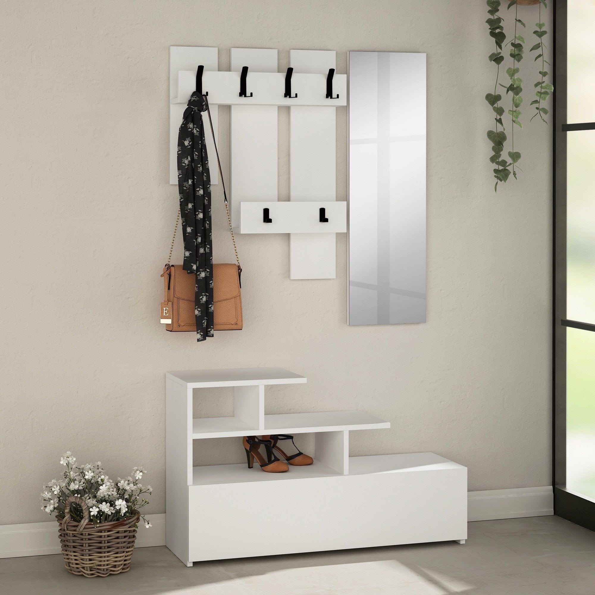Set hol VESTY, alb, PAL melaminat, format din cuier, oglinda si pantofar