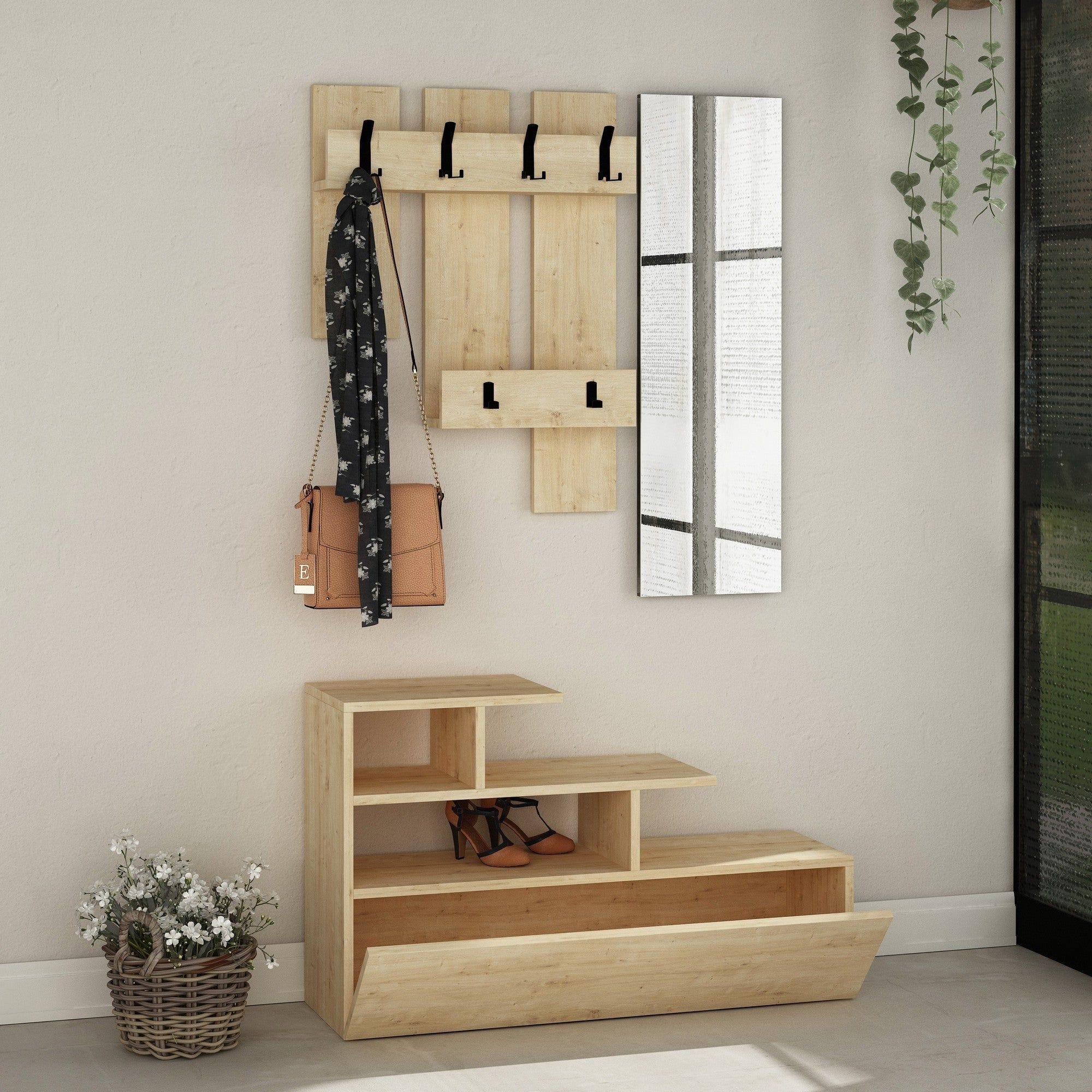 Set hol VESTY, stejar, PAL melaminat, format din cuier, oglinda si pantofar