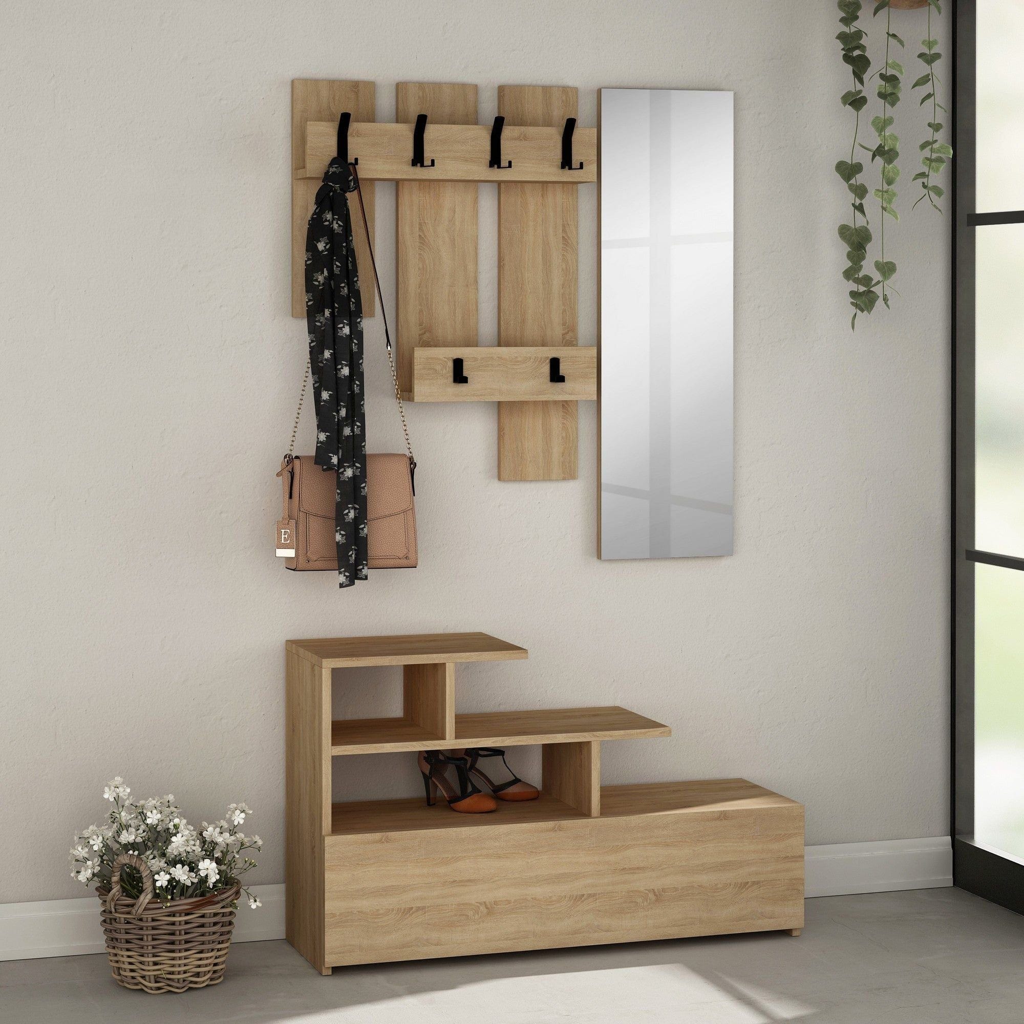 Set hol VESTY, stejar, PAL melaminat, format din cuier, oglinda si pantofar