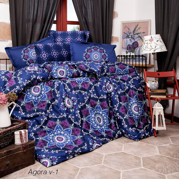 Set lenjerie pat clasy king size AGORA V1, bumbac, albastru/mov, 240x260 cm, cu cearceaf pat, cearceaf pilota si 2 fete de perna