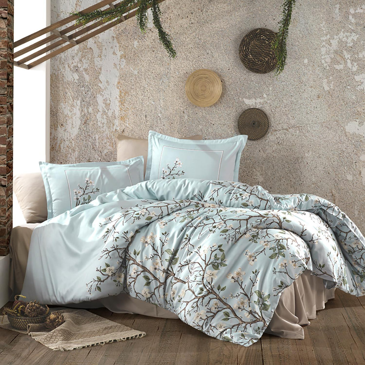 Set lenjerie pat clasy king size ALVIN V1, bumbac, albastru deschis, 240x260 cm, cu cearceaf pat, cearceaf pilota si 2 fete de perna