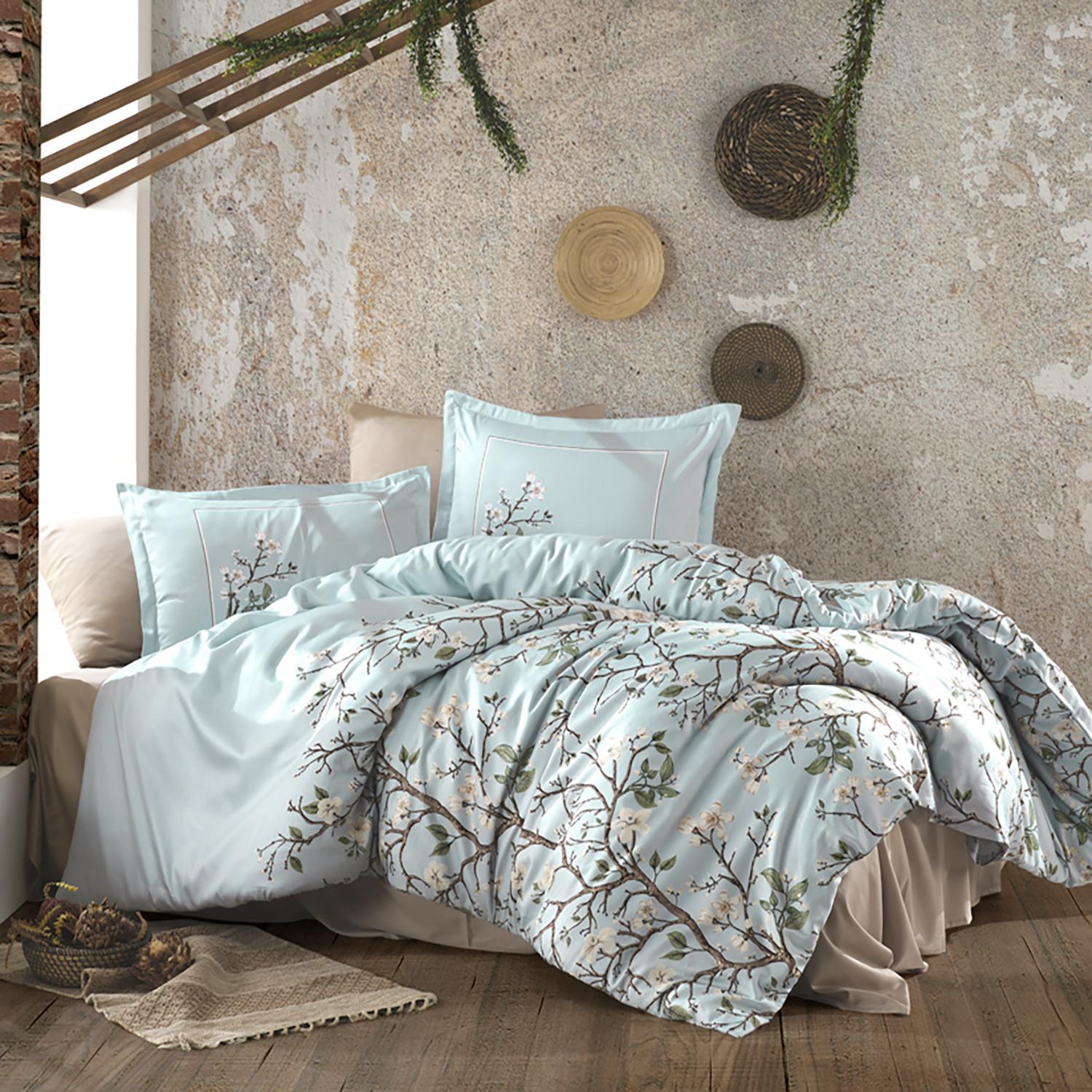 Set lenjerie pat clasy king size ALVIN V1, bumbac, albastru deschis, 240x260 cm, cu cearceaf pat, cearceaf pilota si 2 fete de perna