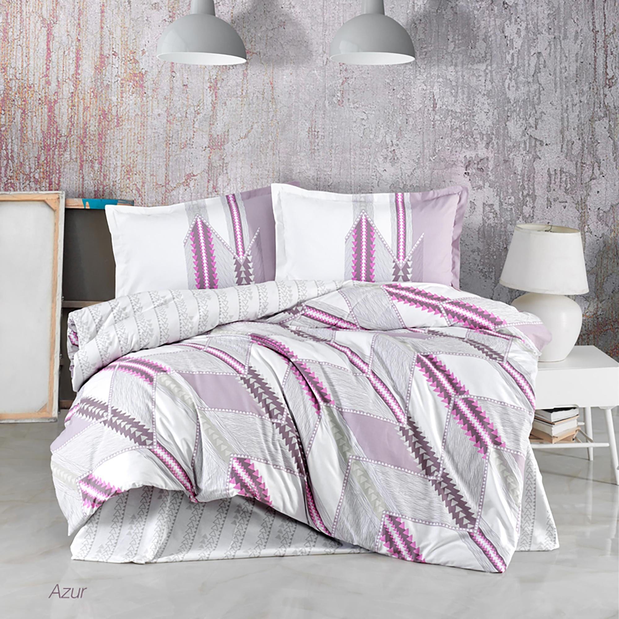 Set lenjerie pat clasy king size AZUR, bumbac, alb/gri/mov, 240x260 cm, cu cearceaf pat, cearceaf pilota si 2 fete de perna