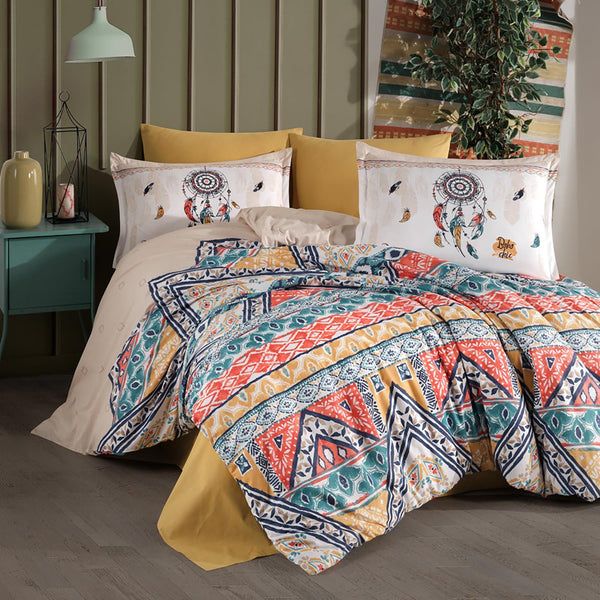 Set lenjerie pat clasy king size BOHO, bumbac, multicolor, 240x260 cm, cu cearceaf pat, cearceaf pilota si 2 fete de perna
