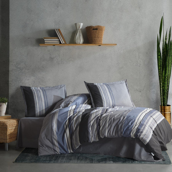 Set lenjerie pat clasy king size DUKO V2, bumbac, gri/albastru, 240x260 cm, cu cearceaf pat, cearceaf pilota si 2 fete de perna