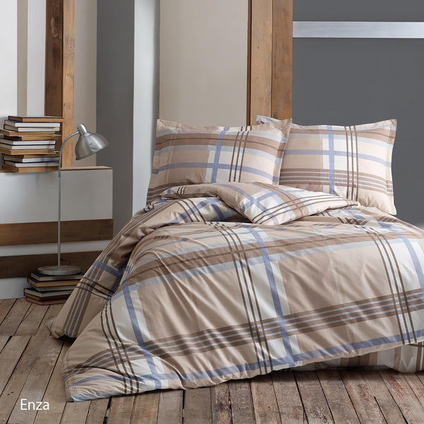 Set lenjerie pat clasy king size ENZA, bumbac, alb/bej/albastru, 240x260 cm, cu cearceaf pat, cearceaf pilota si 2 fete de perna