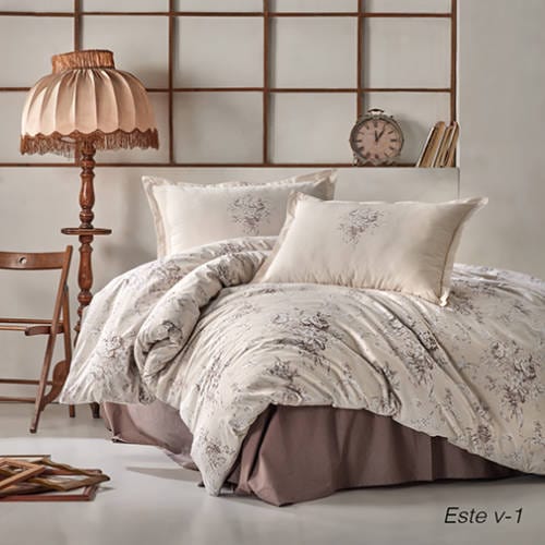 Set lenjerie pat clasy king size ESTE V1, bumbac, bej, 240x260 cm, cu cearceaf pat, cearceaf pilota si 2 fete de perna