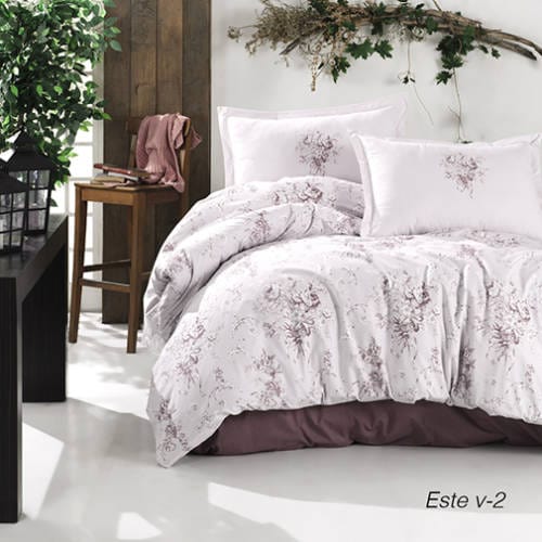Set lenjerie pat clasy king size ESTE V2, bumbac, alb/mov, 240x260 cm, cu cearceaf pat, cearceaf pilota si 2 fete de perna