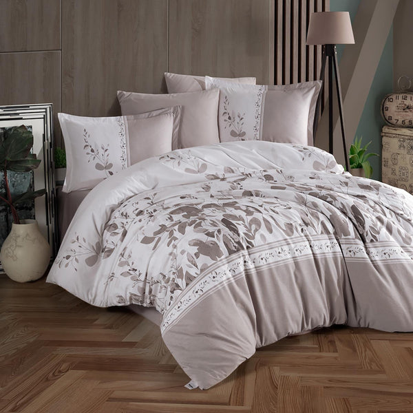 Set lenjerie pat clasy king size FALMARI, bumbac, alb/bej, 240x260 cm, cu cearceaf pat, cearceaf pilota si 2 fete de perna