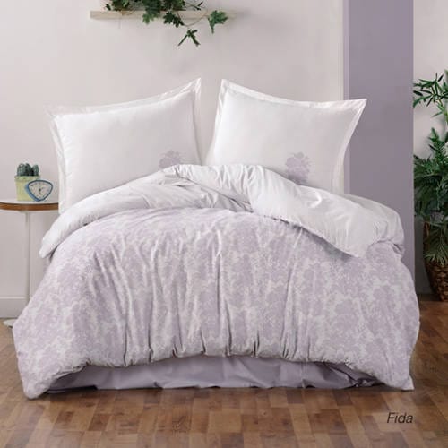 Set lenjerie pat clasy king size FIDA, bumbac, alb/lila, 240x260 cm, cu cearceaf pat, cearceaf pilota si 2 fete de perna