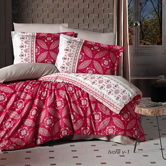 Set lenjerie pat clasy king size IVORE V1, bumbac, alb/rosu, 240x260 cm, cu cearceaf pat, cearceaf pilota si 2 fete de perna