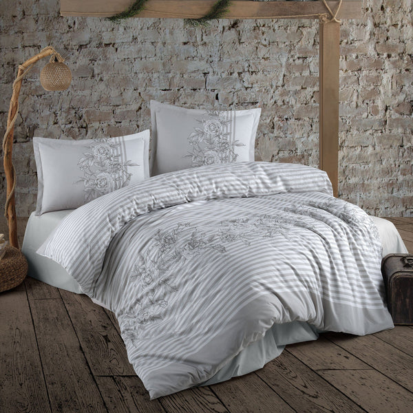 Set lenjerie pat clasy king size LATINA, bumbac, alb/gri, 240x260 cm, cu cearceaf pat, cearceaf pilota si 2 fete de perna