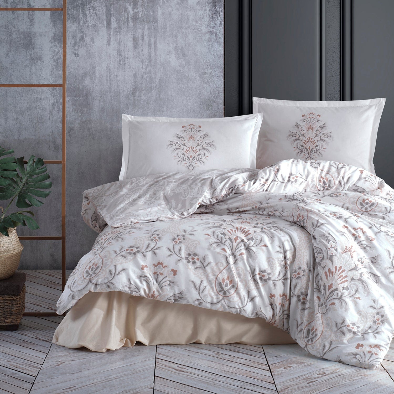 Set lenjerie pat clasy king size LIYA V2, bumbac, alb/bej, 240x260 cm, cu cearceaf pat, cearceaf pilota si 2 fete perna
