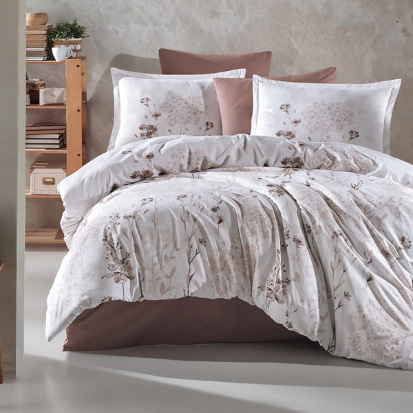 Set lenjerie pat clasy king size LUDI, bumbac, alb/bej, 240x260 cm, cu cearceaf pat, cearceaf pilota si 2 fete de perna