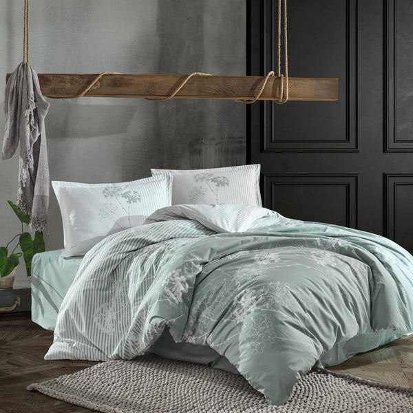 Set lenjerie pat clasy king size LUVI, bumbac, alb/verde, 240x260 cm, cu cearceaf pat, cearceaf pilota si 2 fete de perna